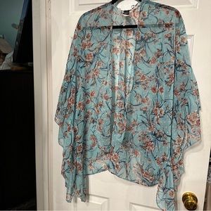 Mixit Cardigan One Size Mint Green Floral Sheer Ruffled Sleeves Open Front Boho
